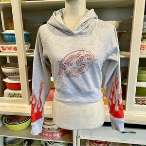 Full Send Cropped Hoodie with Rhinestone Bling and Flamed Out Sleeves - Size XS